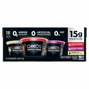 Dannon Oikos Triple Zero Greek Nonfat Yogurt Variety Pack, 18 x 5.3 oz