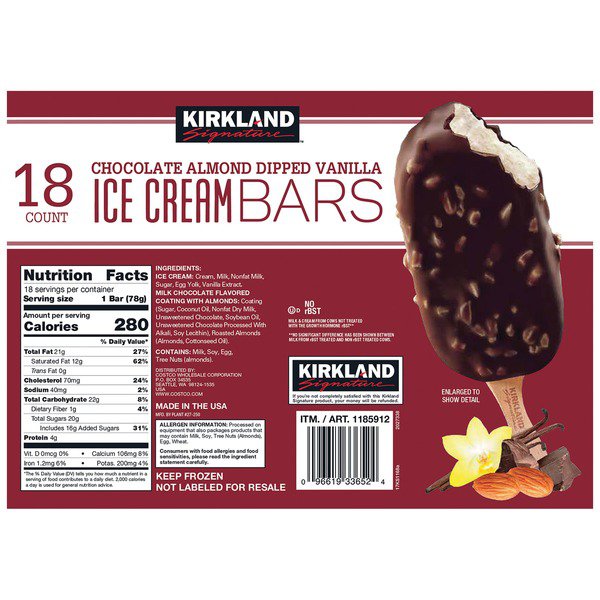 kirkland signature chocolate almond dipped vanilla ice cream bars 18 x 3 1 fl oz 1
