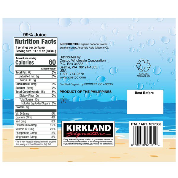 kirkland signature organic coconut water 12 x 11 1 fl oz 1