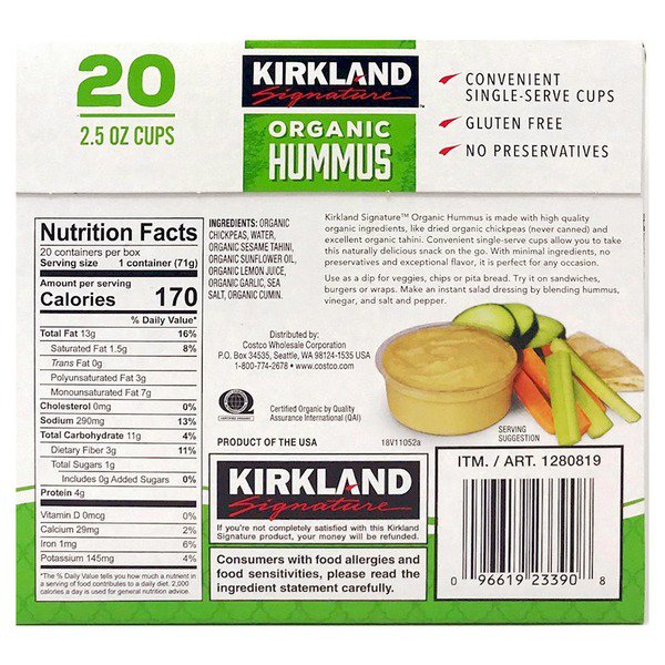 kirkland signature organic hummus single serve cups 20 x 2 5 oz 1