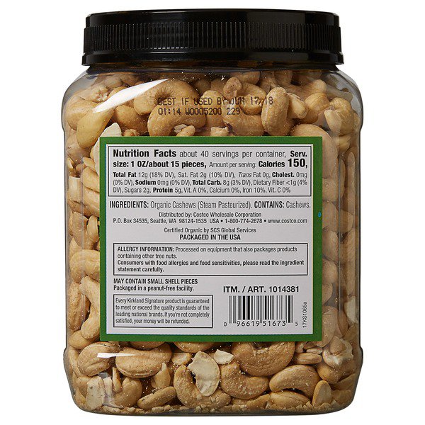 kirkland signature organic unsalted cashews 2 5 lb 1