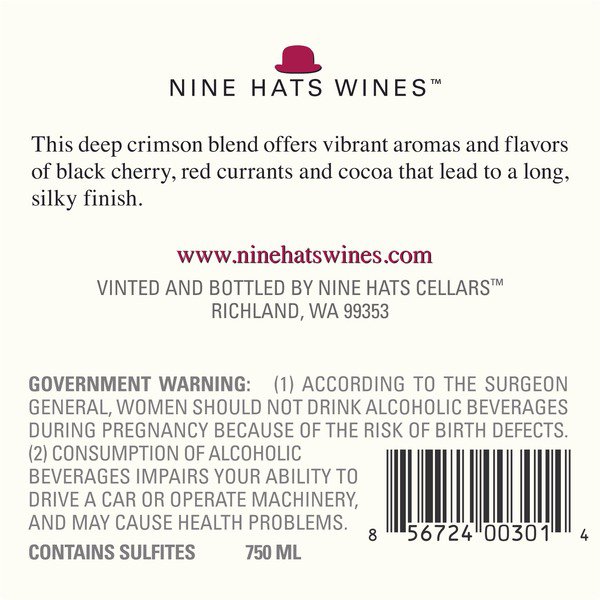 nine hats red blend columbia valley 750 ml 3