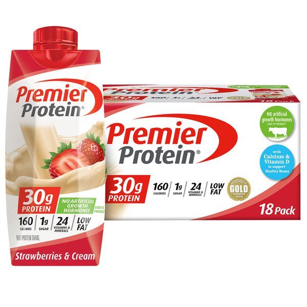 premier 30g protein plus energy and immune support shakes 11 fl oz 18 pack strawberry