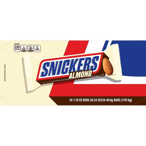 snickers chocolate candy bars almond full size 1 76 oz 24 ct 1