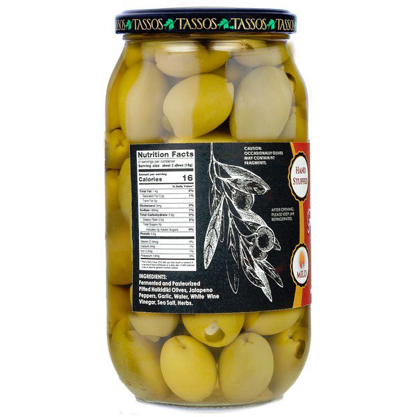 tassos garlic jalapeno double stuffed olives 35 27 oz 1