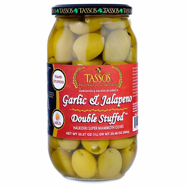 tassos garlic jalapeno double stuffed olives 35 27 oz