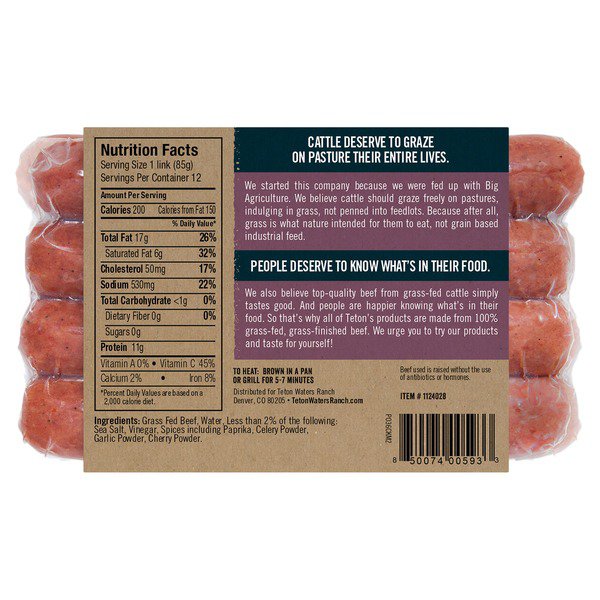 teton waters ranch uncured grass fed beef polish sausage 2 25 lbs 1