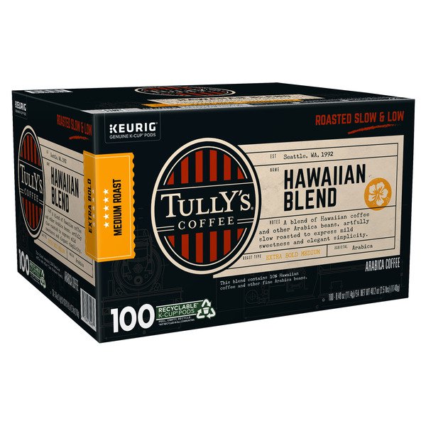 tullys coffee hawaiian blend k cups pods 100 ct