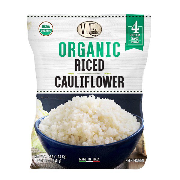 via emilia organic riced cauliflower 4 x12 oz steamable bags
