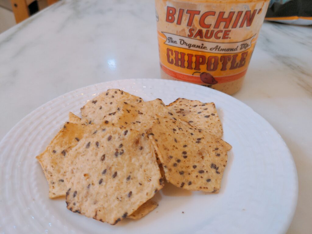 Bitchin Sauce Chipotle Almond Dip with Chips Costco scaled