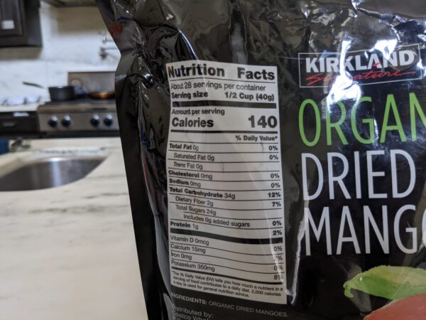 Kirkland Signature Dried Mangoes Nutritional Label scaled