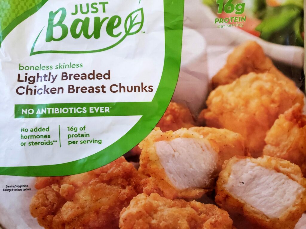 Costco find! I keep a bag of Just Bare Lightly Breaded Chicken Breast  Chunks in my freezer at ALL times. Perfectly juicy & crispy, they're…