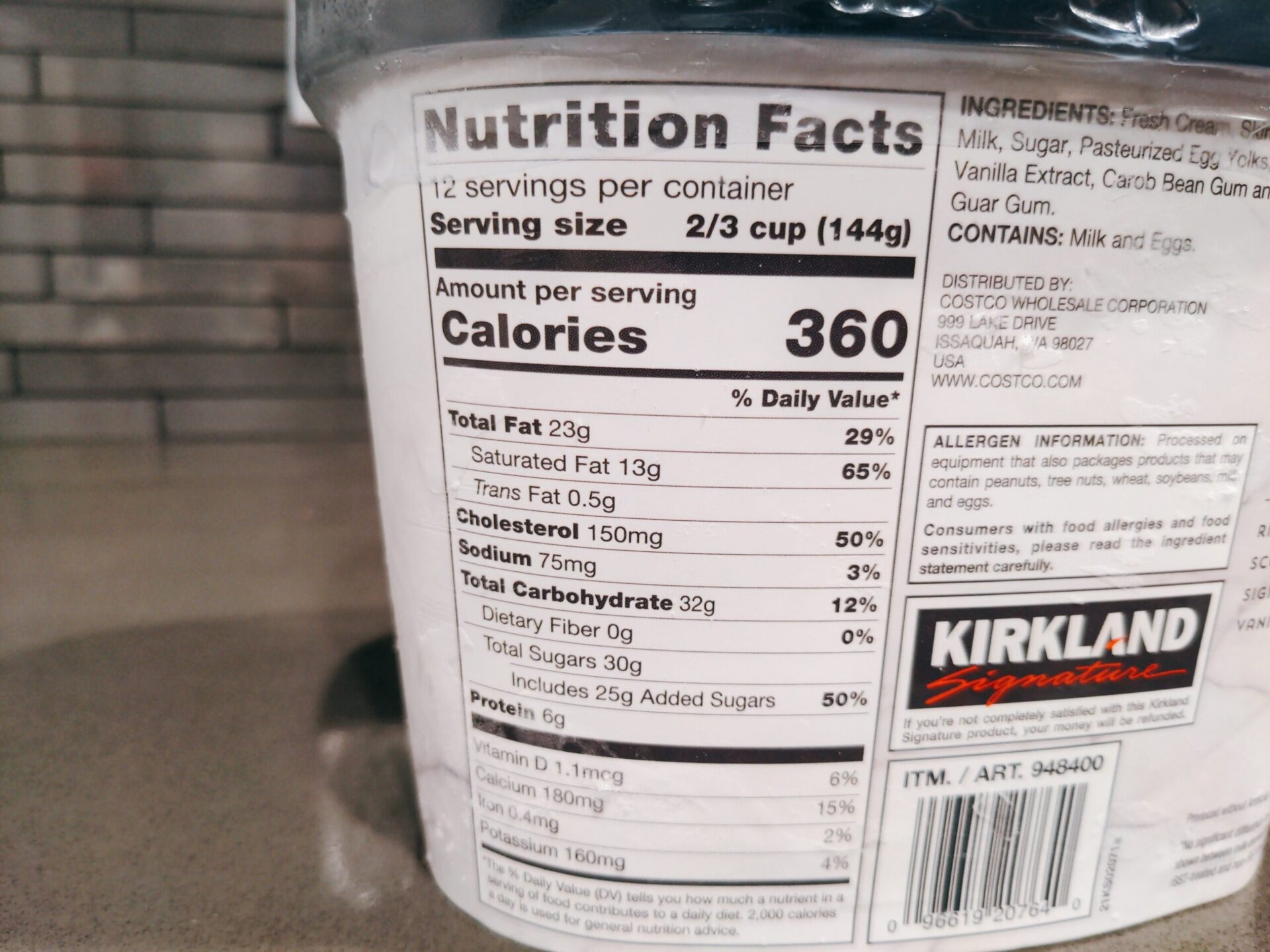 Costco Kirkland Signature Vanilla Ice Cream Nutritional Information