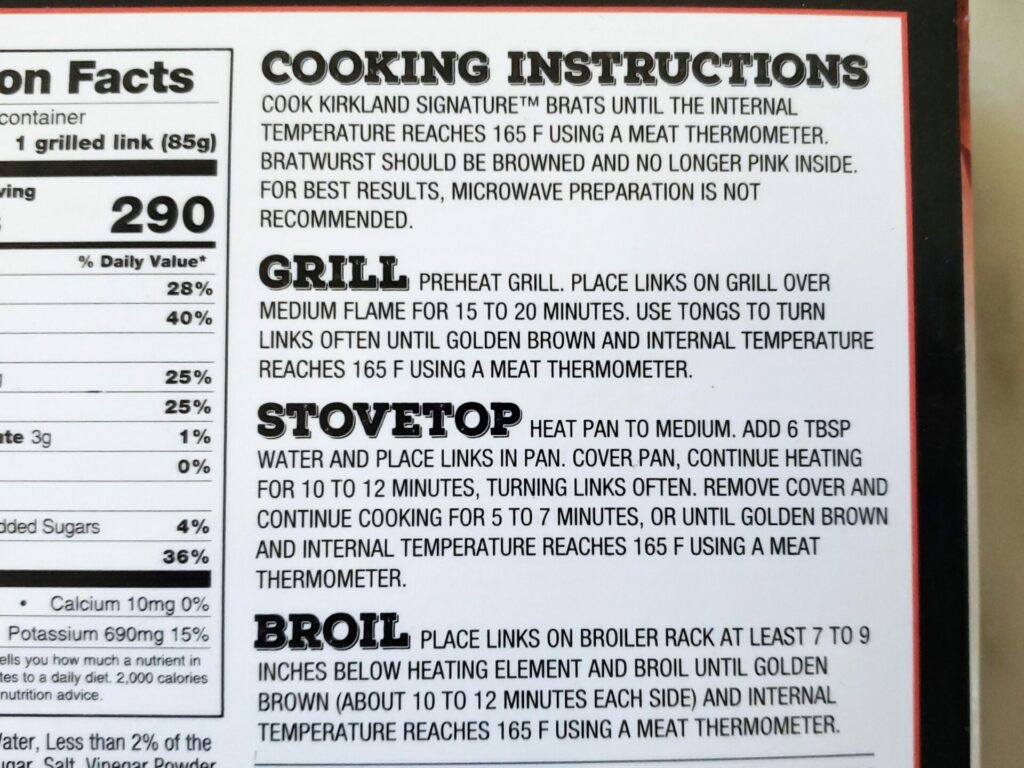 Cooking Directions - Costco Brats