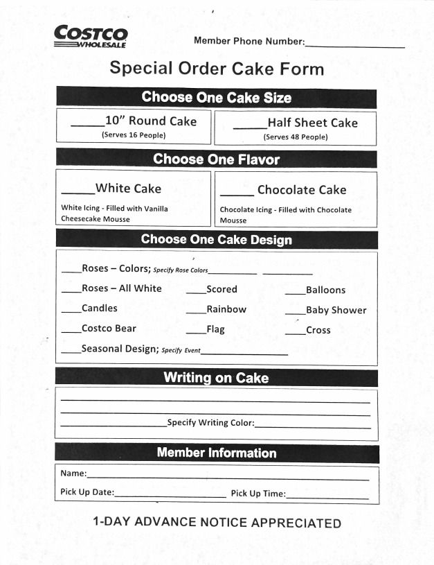 Costco Cake Order Form