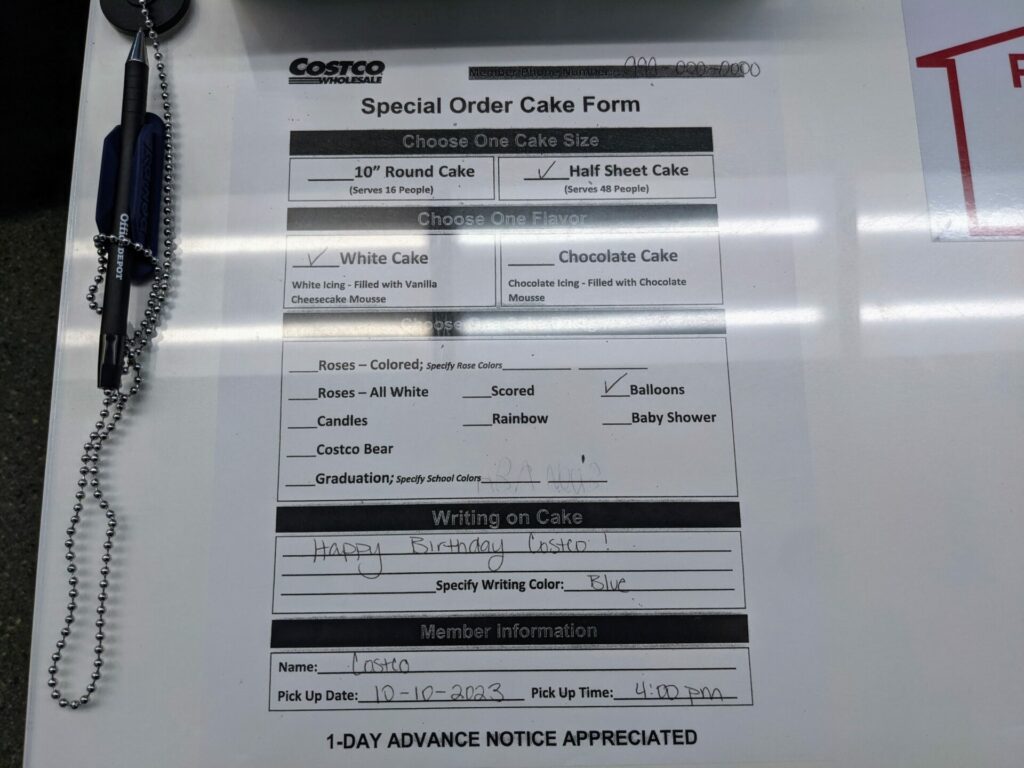 Sample Costco Cake Order Form